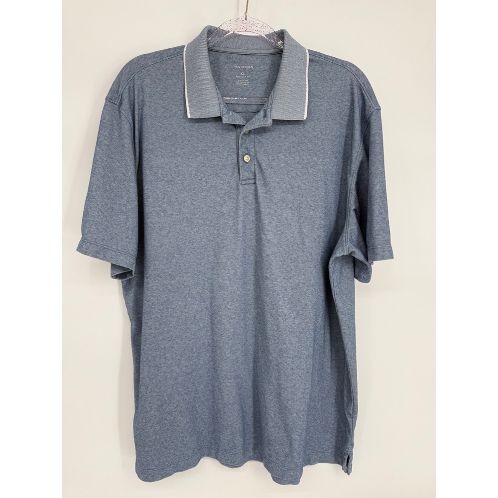 Van Heusen Mens Regular Fit Blue Heather Short Sleeve Polo Shirt Cotton Sz XL